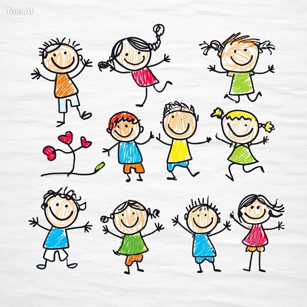 There are cartoon characters, stick figures, and people with smiling fa…