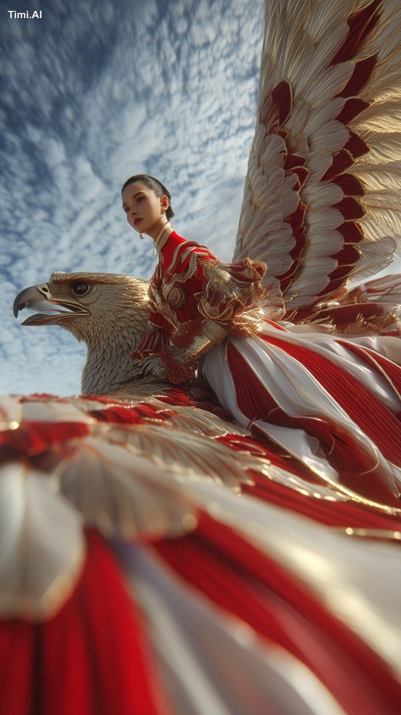 low angle epic shot of a model in flowing red-and-white couture gown wi…