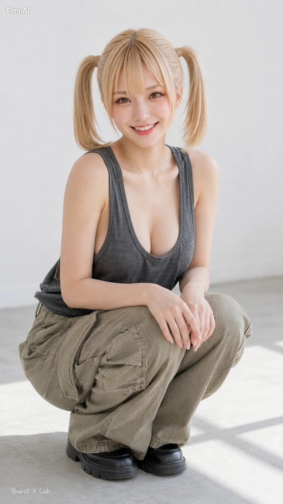 添付画像の女性と同一の架空の成人女性。顔立ち・髪型・体格・雰囲気は維持し、服装・背景・ポーズのみ変更する。21歳以上の成人女性。 主題：白〜淡… 1