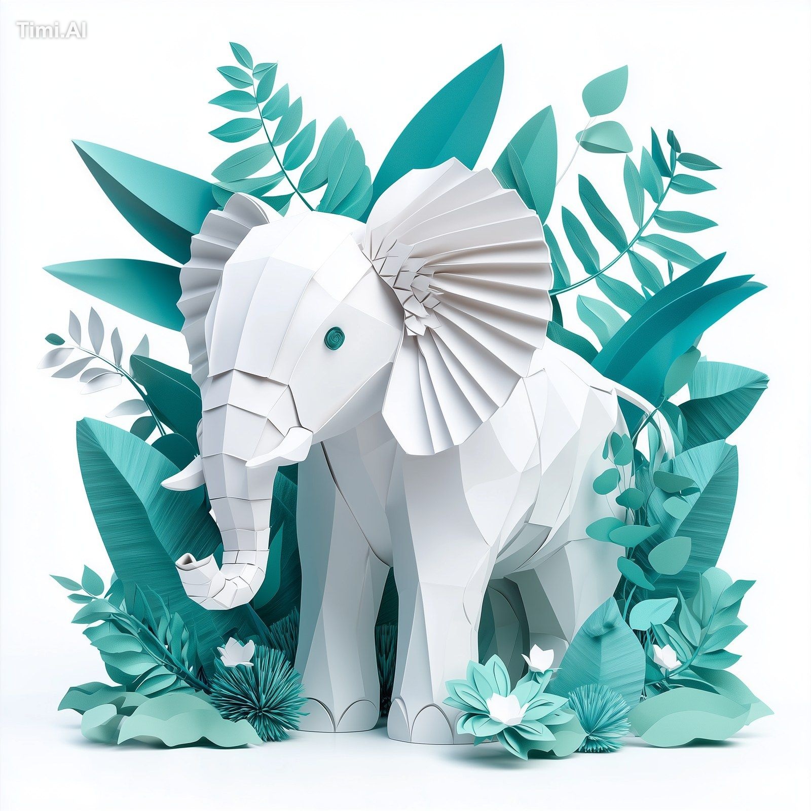 3d white elephant in the style of origami, flat design, white backgroun…