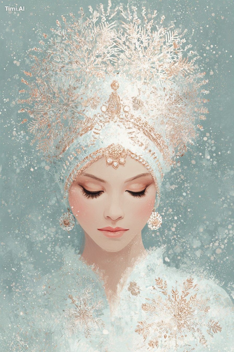 elegant Slavic tsarevna with a delicate snowflake-inspired kokoshnik, d…