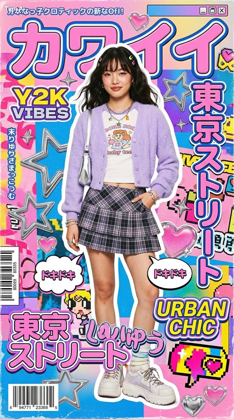 High-fashion kawaii Y2K editorial poster featuring a stylish young woma…