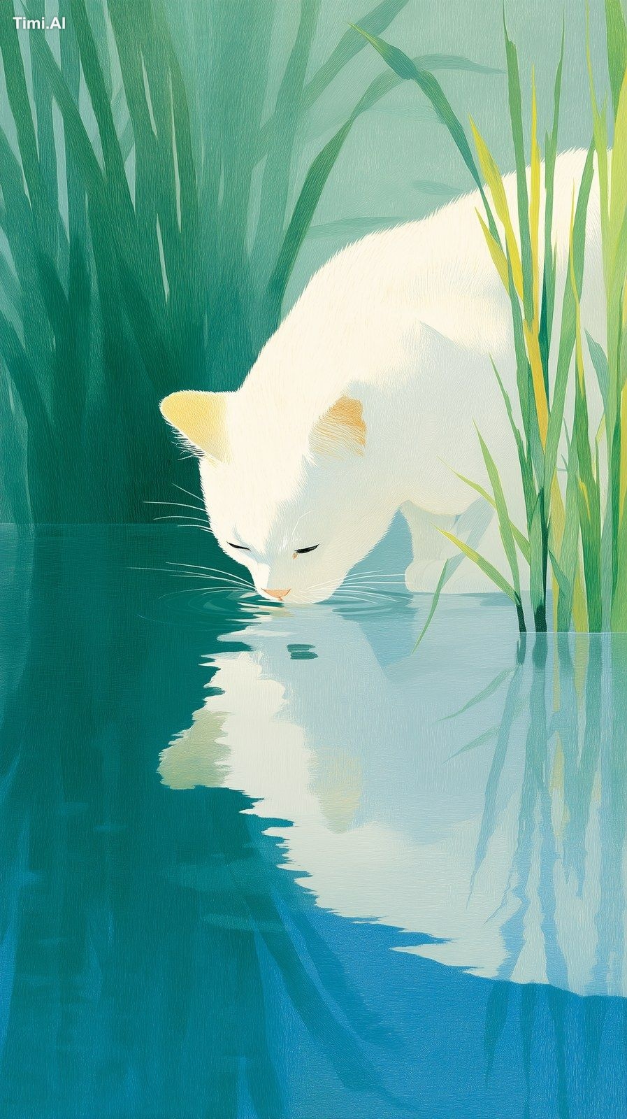 A white and yellow cat is drinking water from the lake, with green gras…