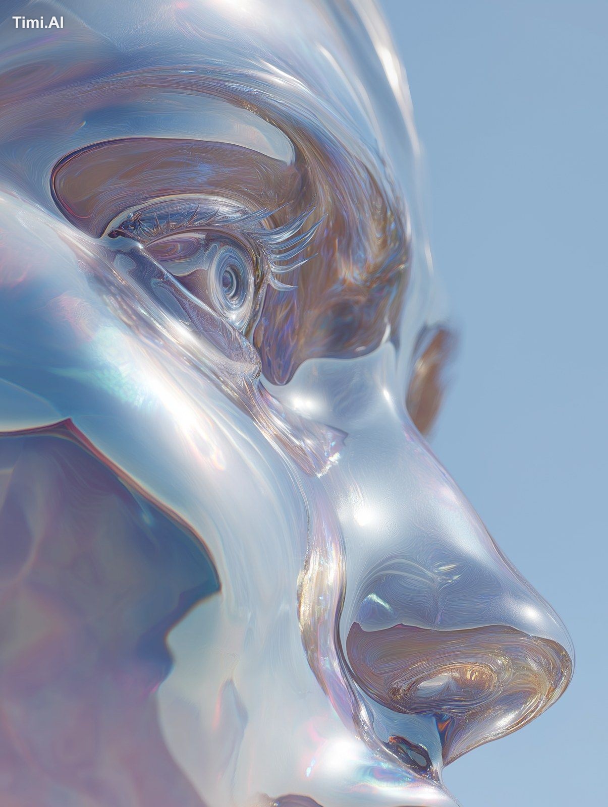 The image shows an abstract sculpture of a close up to a woman's eye an…