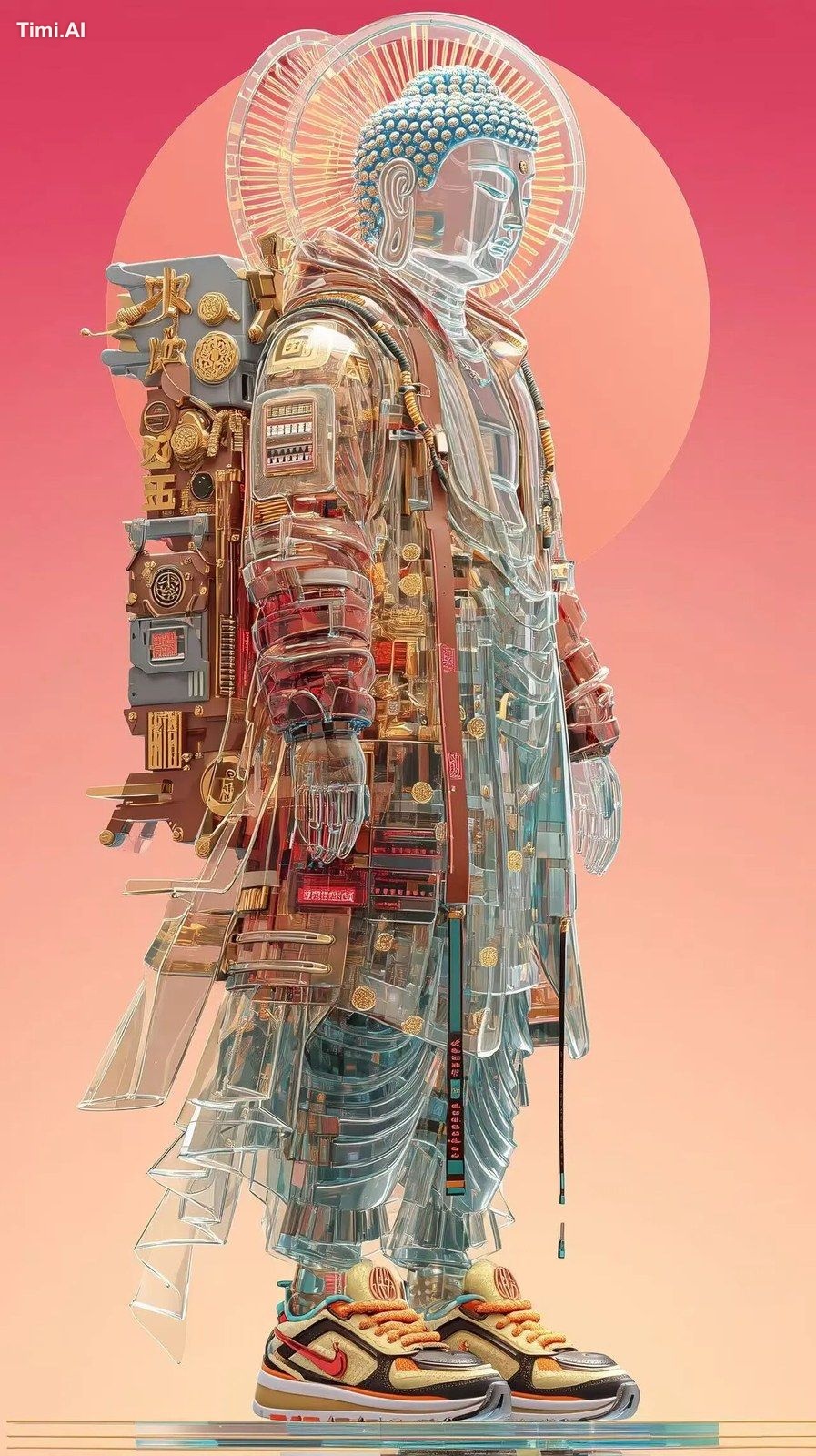 3D cartoon Buddha statue, Cyberpunk. A Bodhisattva wearing Cyberpunk cl…