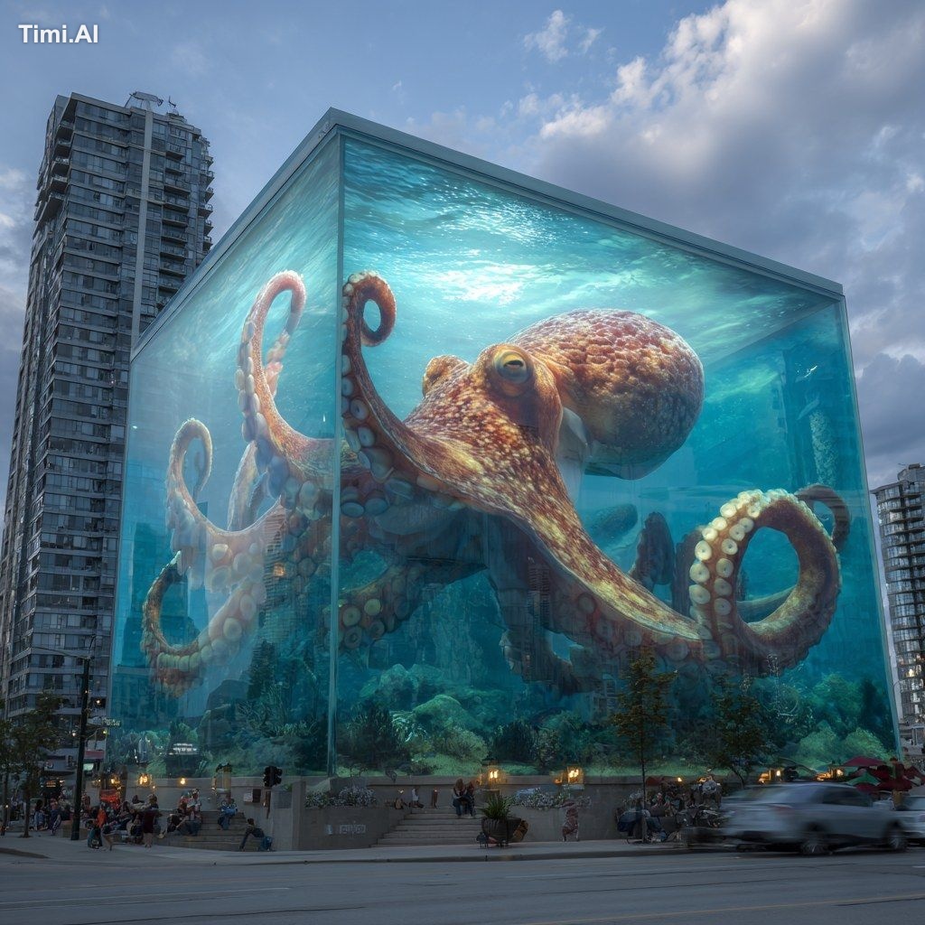 a huge 3d aquarium with an octopus with its tentacles up against the gl…