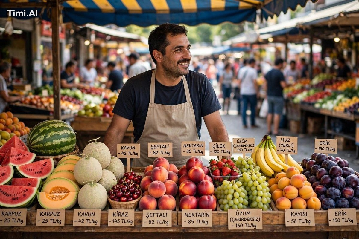 Türkiye'den bir fotoğraf oluştur. Bir pazar'da tezgahta meyvelerin arka…