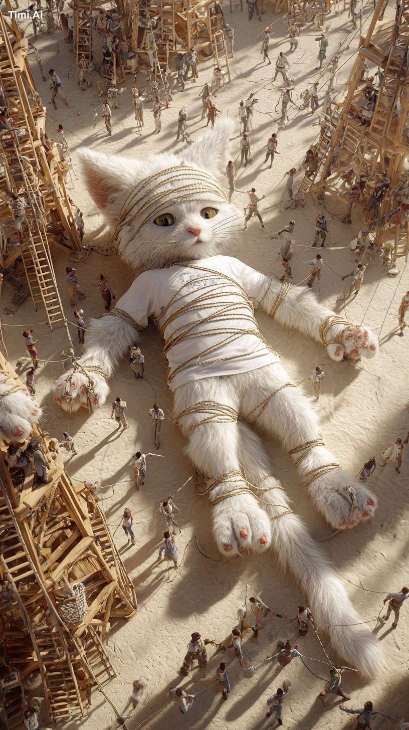 Top-down view of a giant fluffy white kitten lying flat on the ground i…