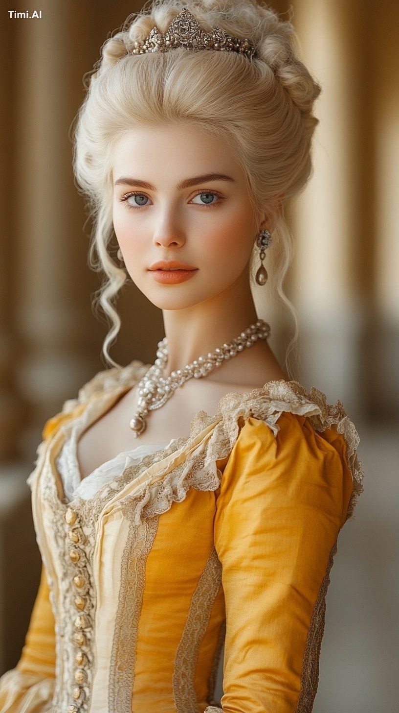 woman with blond hair in exquisite Victorian ball gown. rich royal pala…