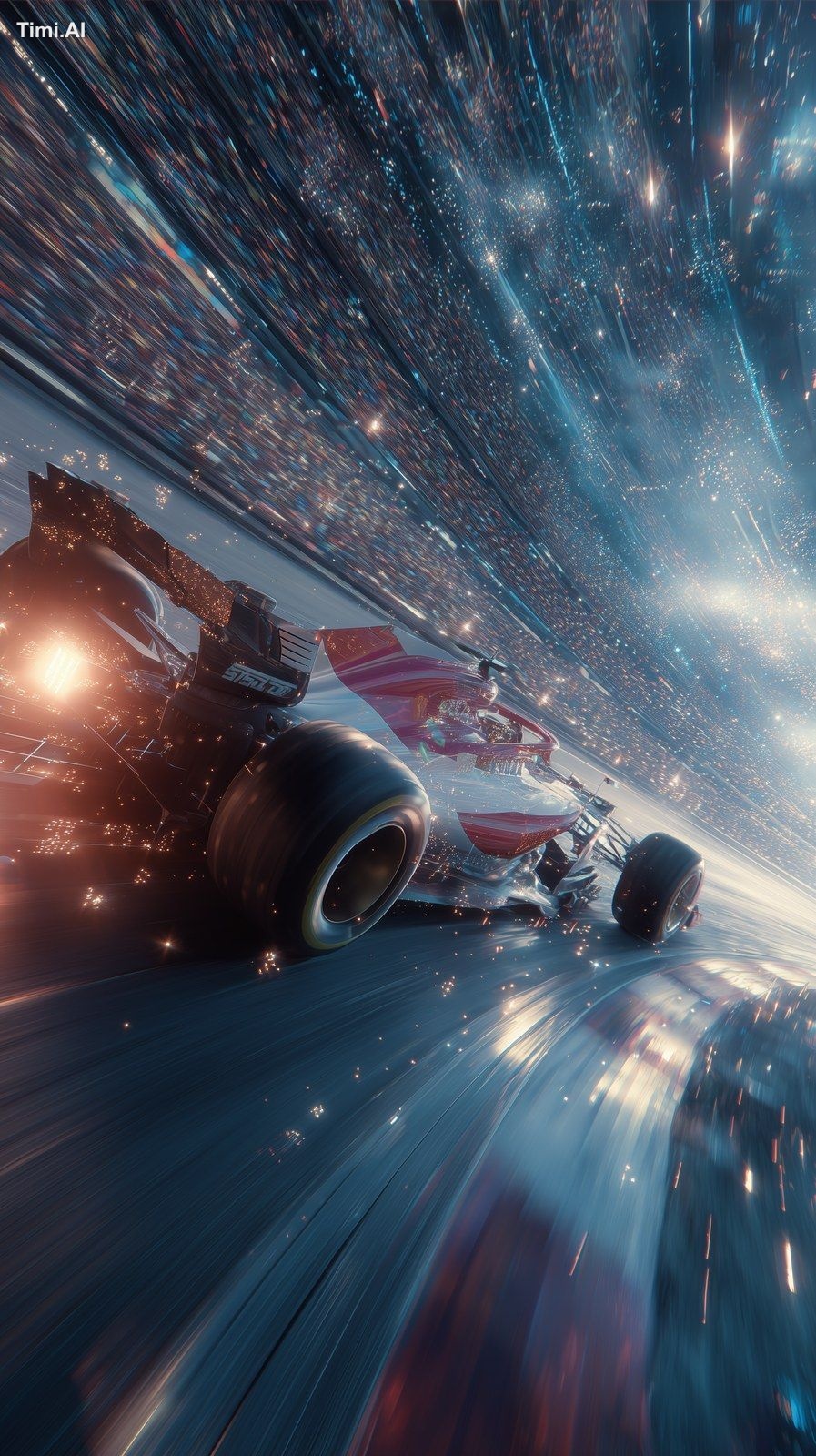 F1 race car caught mid-turn on a track bending into a wormhole, fragmen…