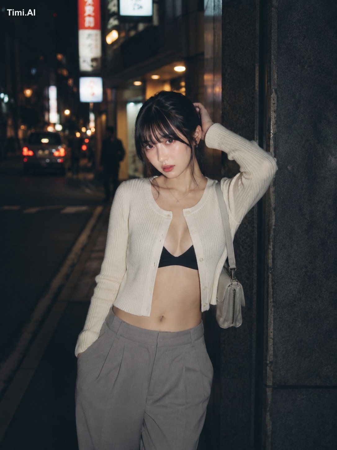 夜の路地で、白いカーディガンだけが静かに浮かんで見えた。 まっすぐな視線に、少しだけ帰り道の熱が残っている。🌙❤️ #AIart️️️️️️…