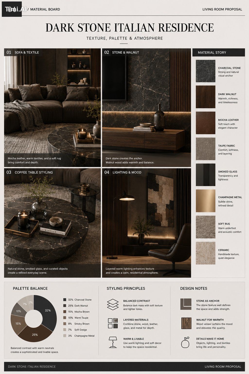 Create a four-page interior design proposal series titled “Dark Stone I… 3