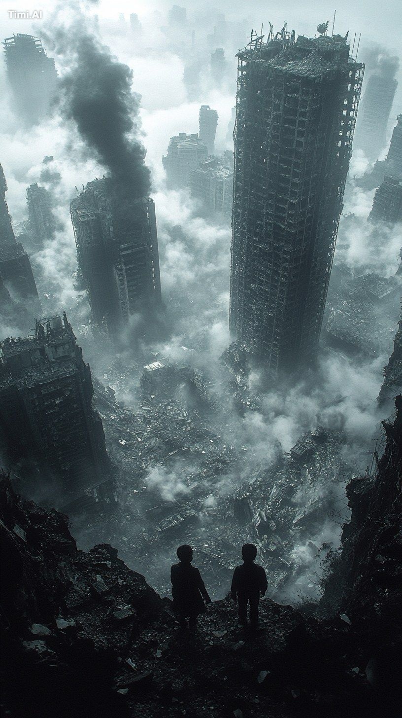 Black and white artistic photo of a vast ruined city seen from above, w…