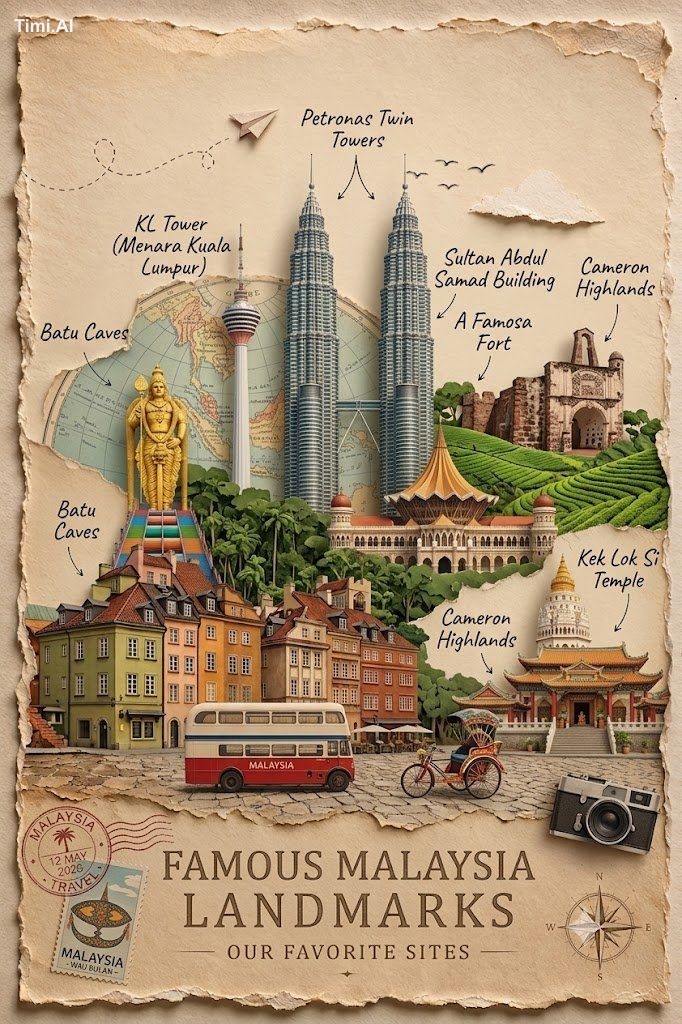 Create a vintage scrapbook-style travel poster of Malaysia with a 3D la…
