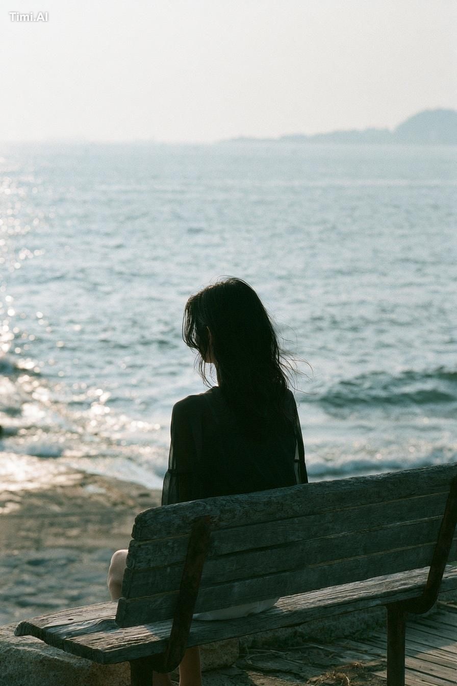 A melancholic young East Asian woman with long, slightly messy black ha… 3
