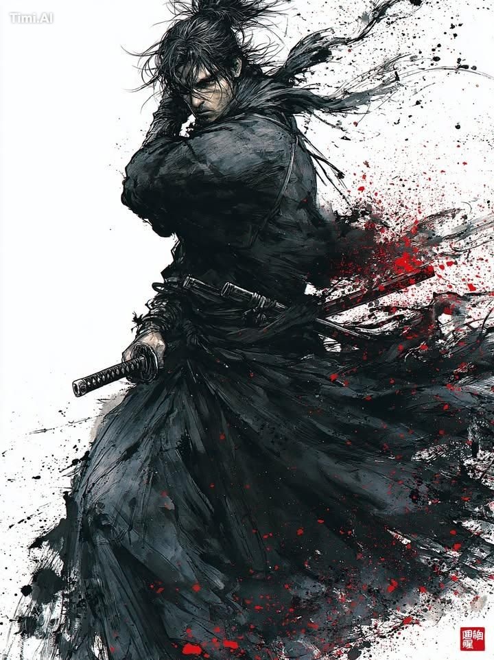A lone samurai warrior in dynamic battle pose, messy spiky black hair p… 2