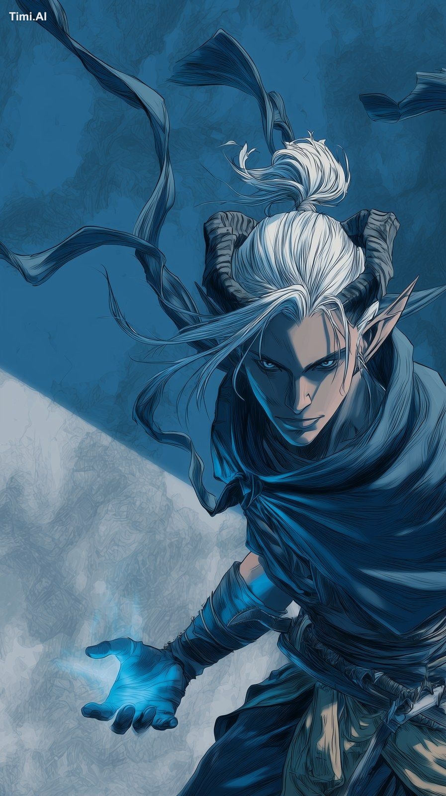 A portrait scene on a poster against a matte blue background of a comic…