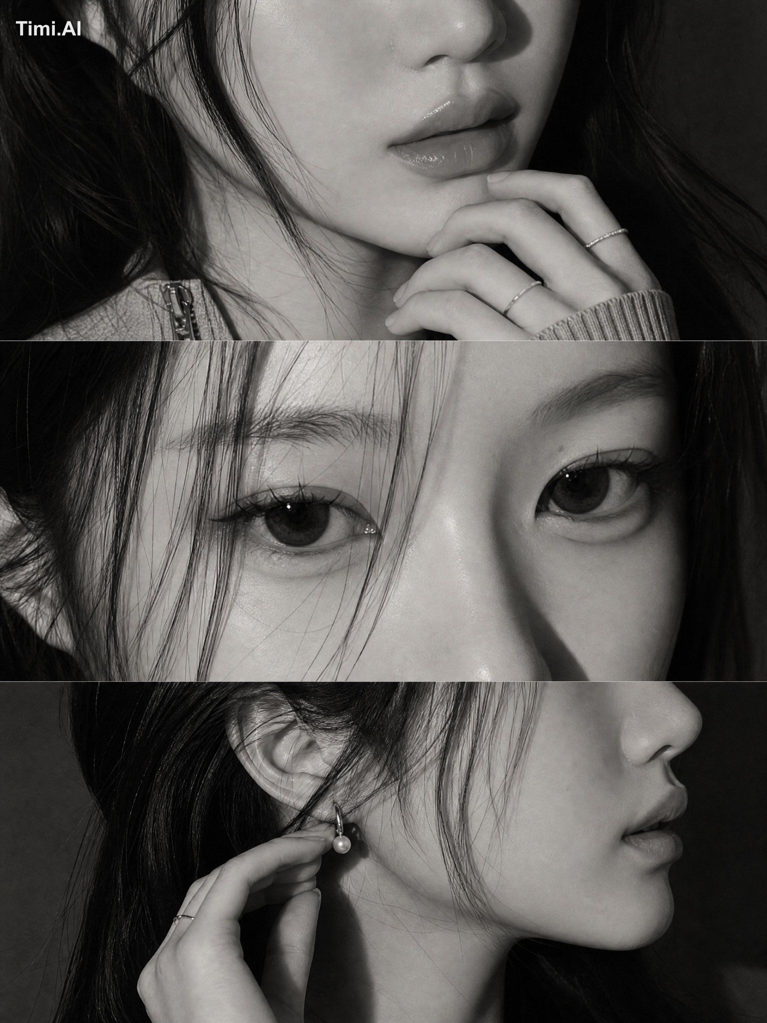 Elegant black-and-white studio editorial of a young Korean woman, verti… 1