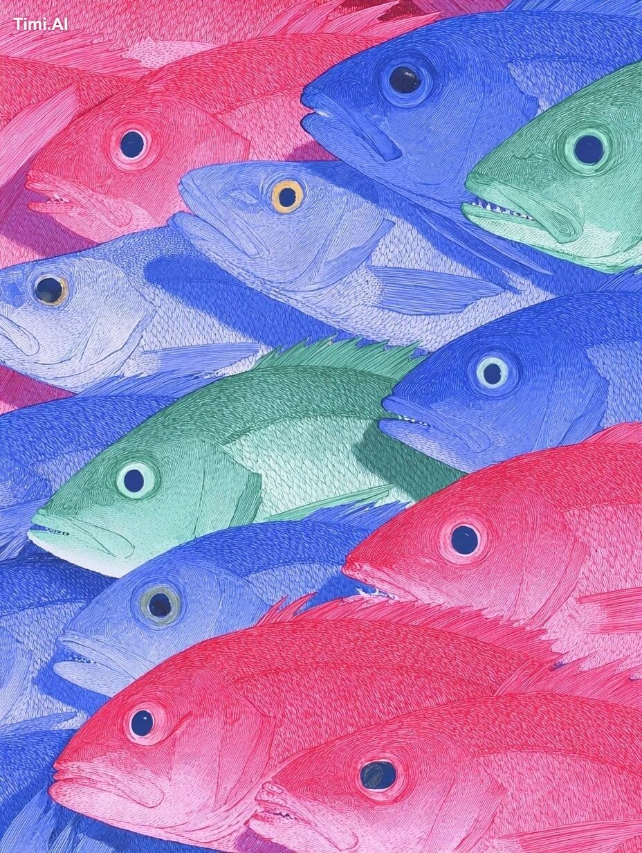 Swirls, red school of fish, blue-green, watercolour, paper tex.ture, su…