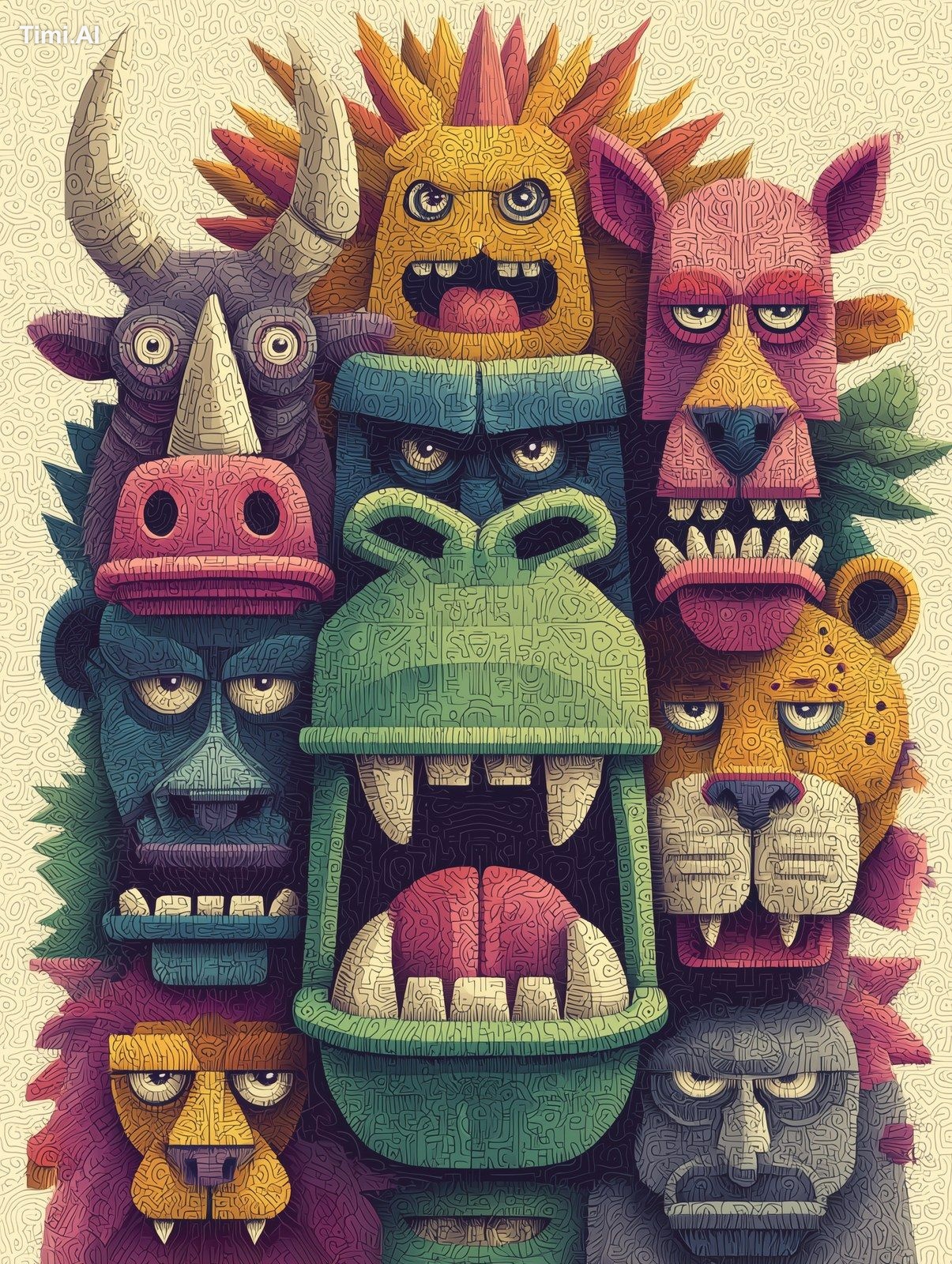 a LOGO VECTOR ART CLOSE-UP of lot of angry and zoo animals, . White bac…