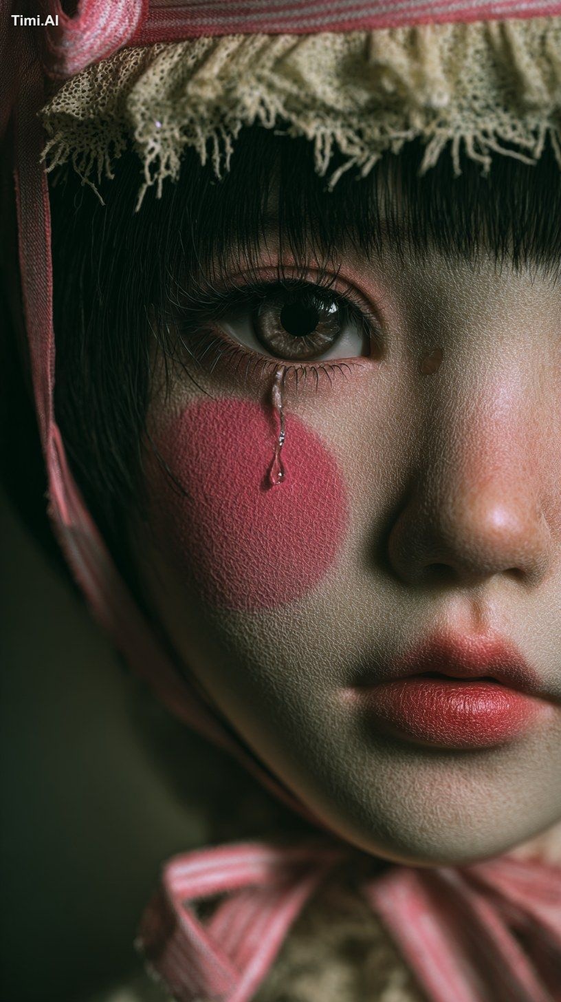 close-up portrait of a young Asian girl with a delicate, realistic face…