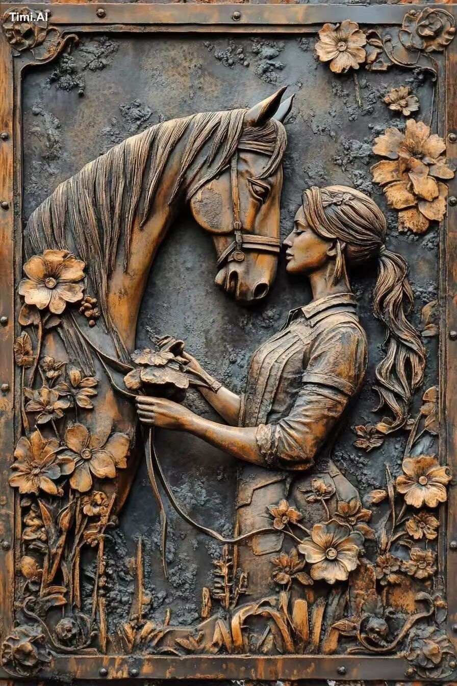 Generate a 2:3 rectangular metal wall art poster with a woman feeding a…