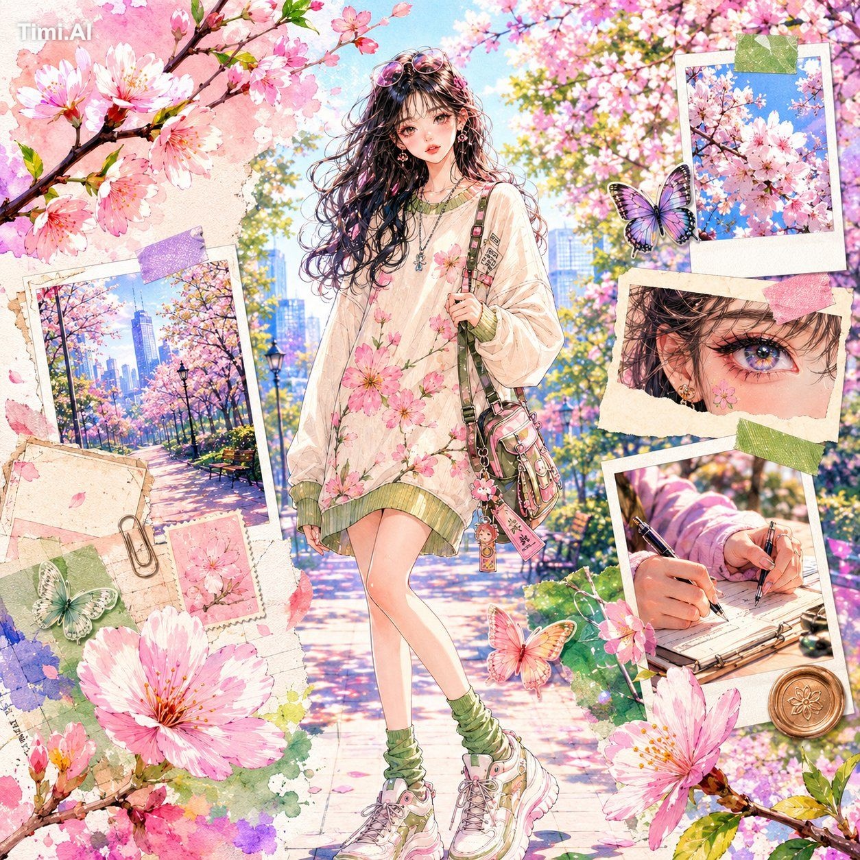 Create a premium vertical fashion collage poster in dreamy Korean-Japan…