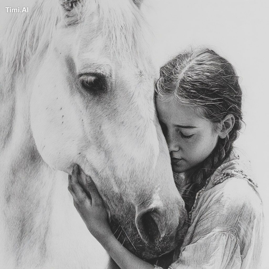 illustrated, black and white image, 12 yr old girl hugging wild, white …
