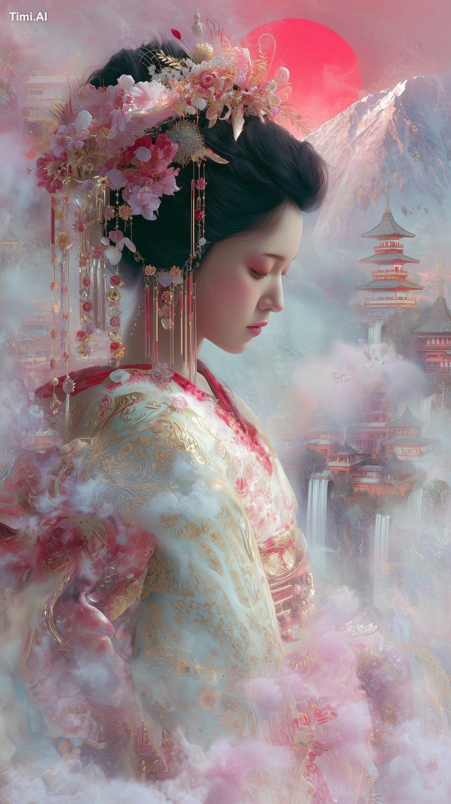 a surreal portrait of a divine japanese geisha with serene expression a…