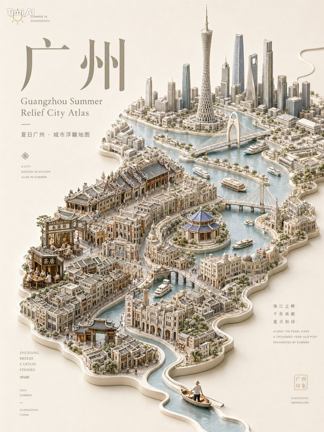 设计一张高级「立体浮雕城市地图海报 / Relief City Atlas Poster」，主题为【城市名称】的【季节主题】。 整体不是普通平… 2
