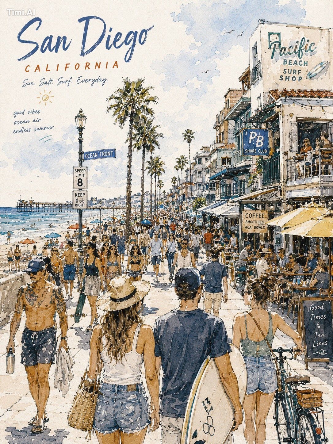 Watercolor travel poster illustration of (City Name) busy tropical stre… 1
