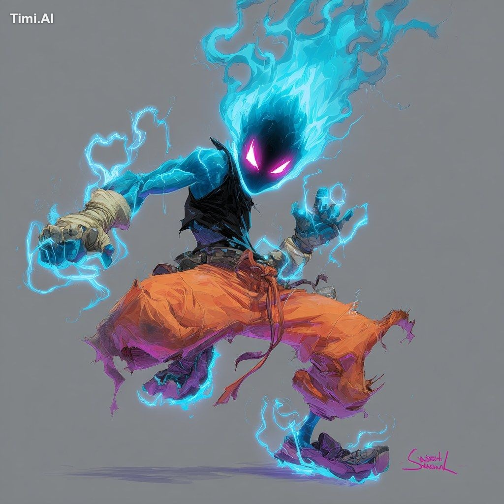 with a stylized blue flame for a head and glowing pink zig-zag eyes and…