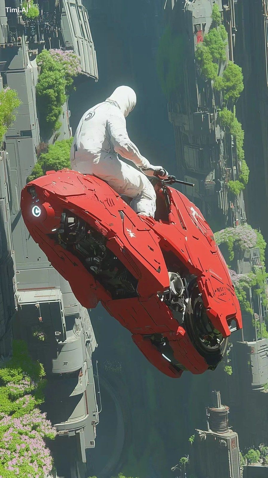 cyberpunk city. A figure in a white costume rides a red Akira-style cyb…