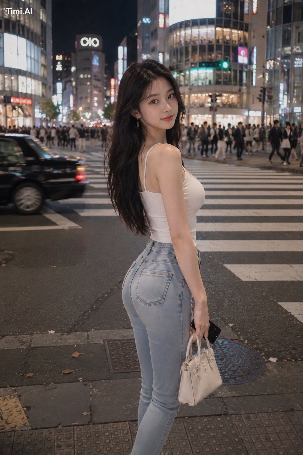 为一名 21 岁以上的成年东亚女性创作一幅逼真的垂直夜间街头时尚肖像，她站在繁忙的灯光城市人行横道上。她的位置稍偏右，从脚到头的全身被框住，她…