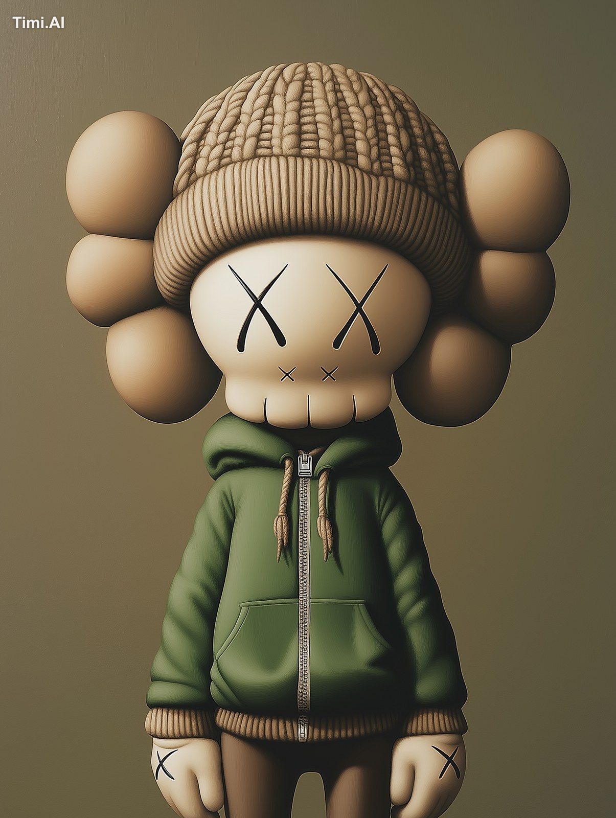 a disney cartoon scene of a KAWS character wearing a beanie, green tan …
