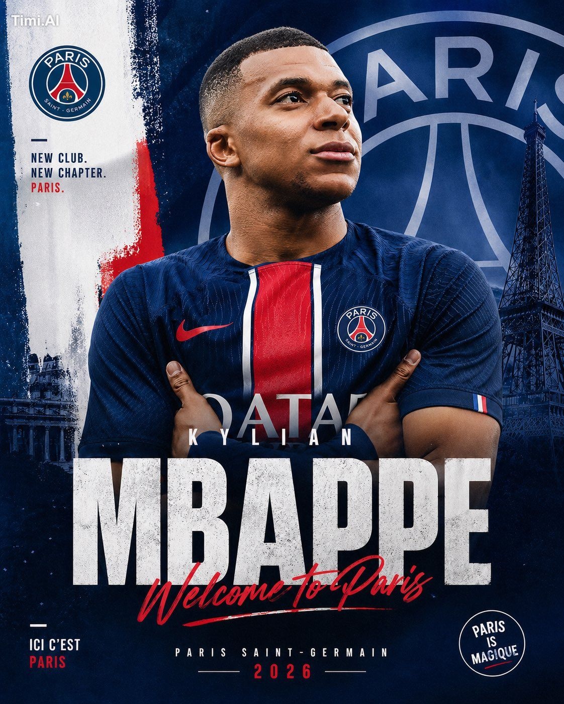 👇 Create a high-end football transfer poster design featuring Kylian M…