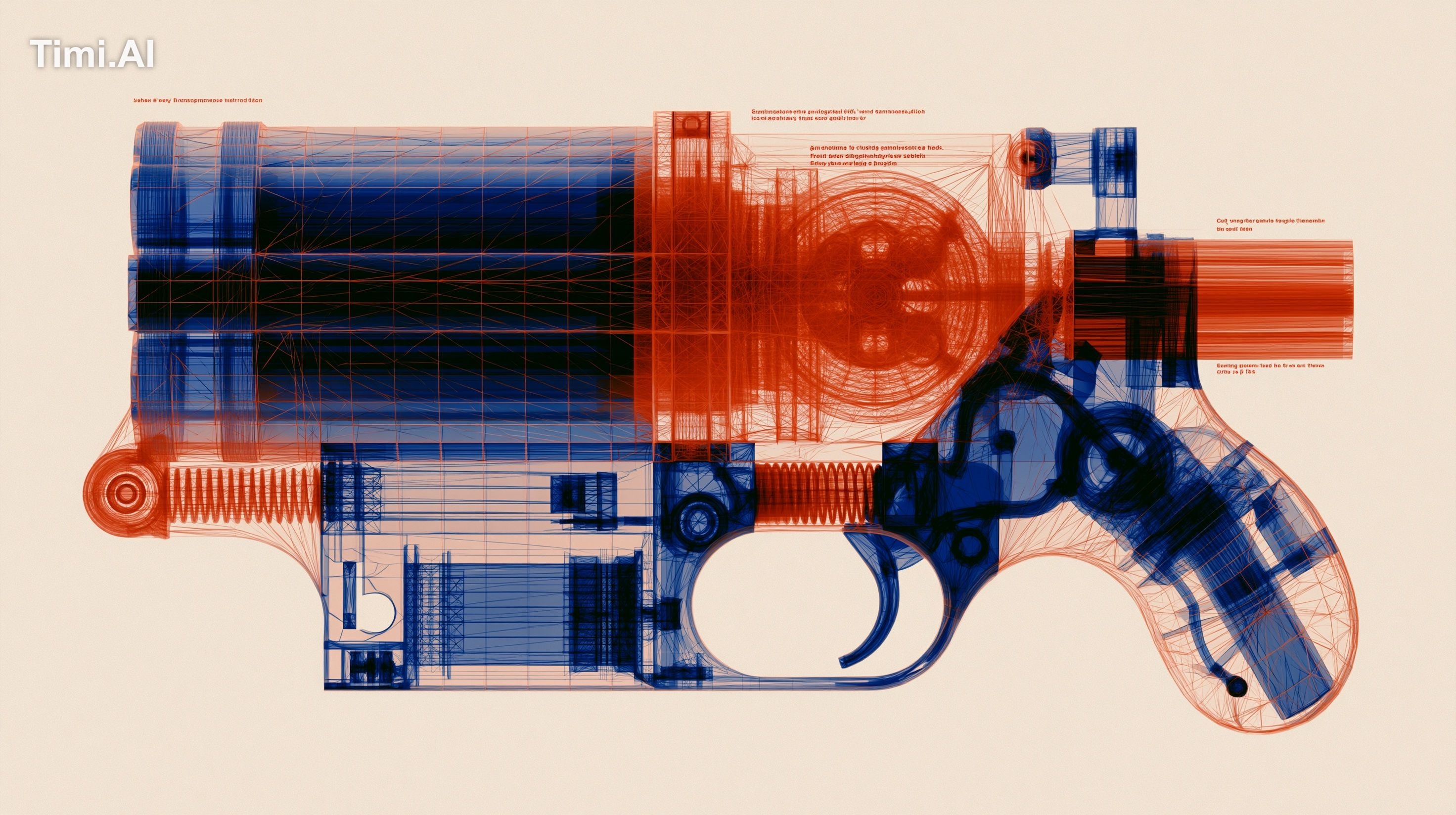 Autopsy infographic of geometric low-polygon transparent M134 Minigun h… 1