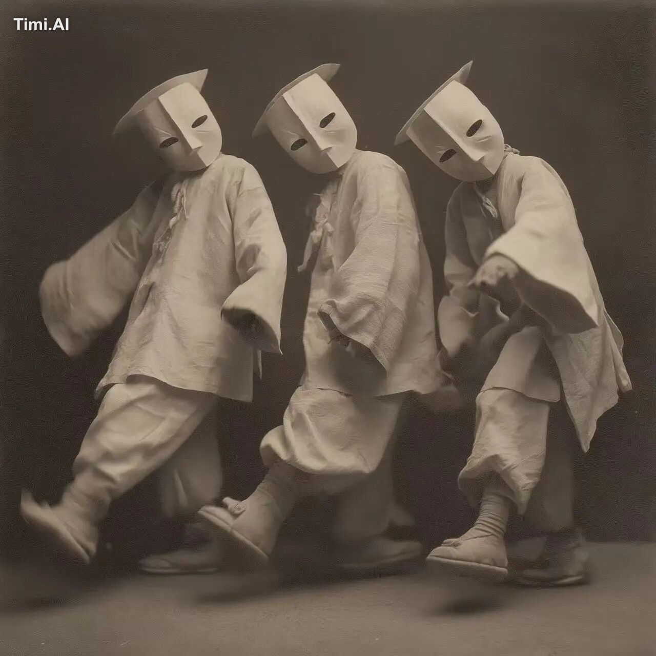 Three children perform a ceremonial dance, wearing East Asian masks. Th…
