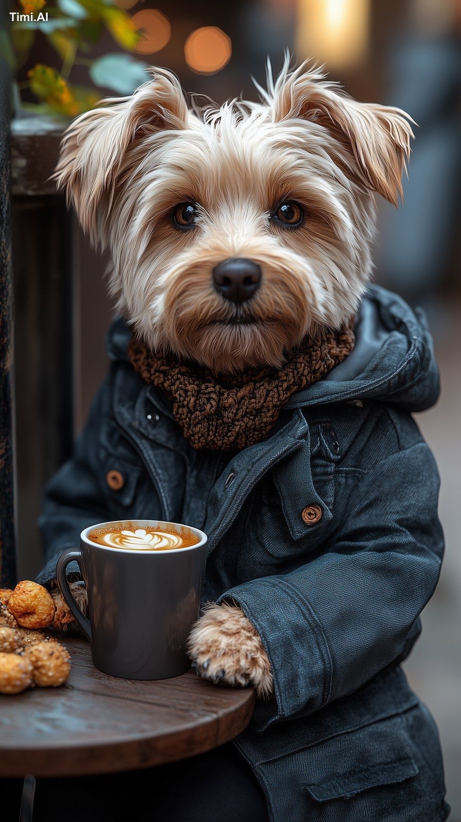 a humanoid dog sitting at an outdoor city café, wearing casual stylish …