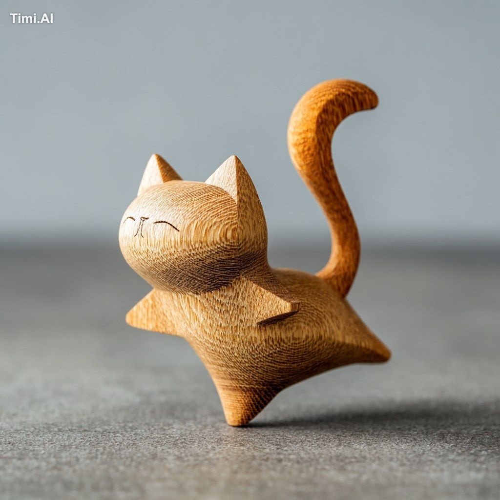 A small wooden cat figurine is dancing on the table, with its tail rais…