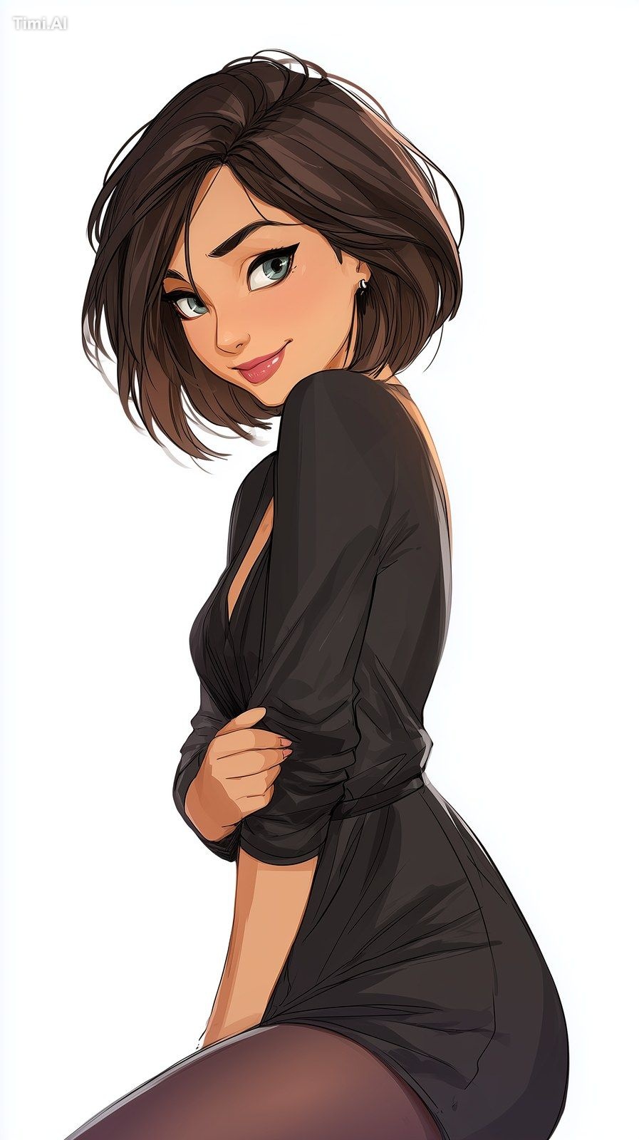 attractive woman in stockings, bobcut hairstyle, she is smiling and tea…