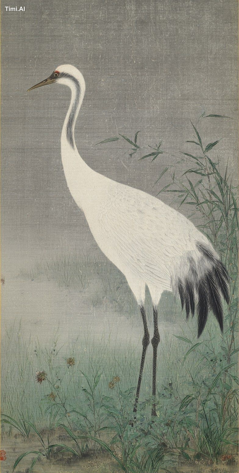 a poised and lively crane stands on the grass, presented in the style o…