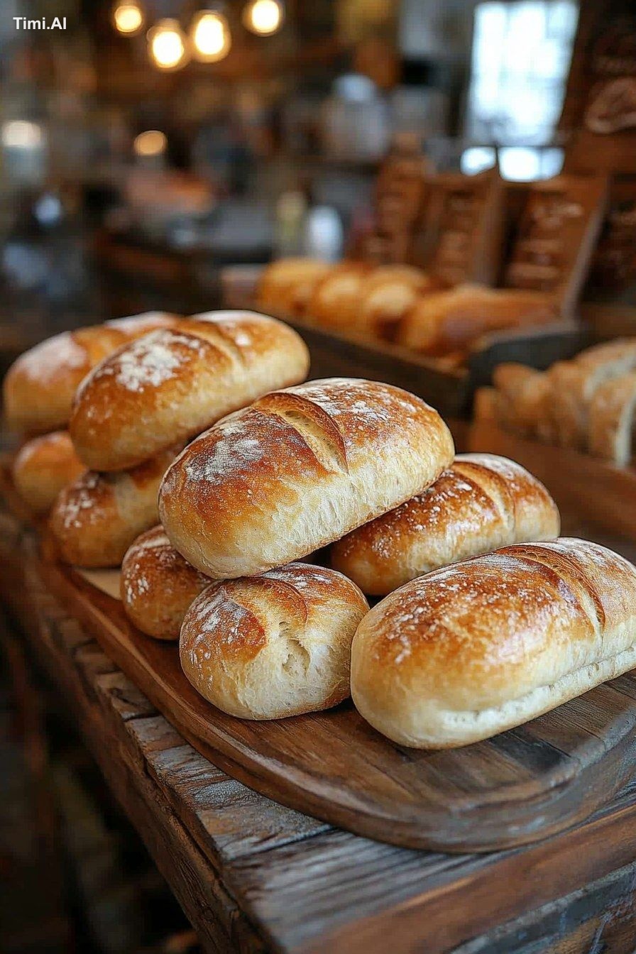 Artisan bread display, rustic brick wall, warm lighting, shallow depth …