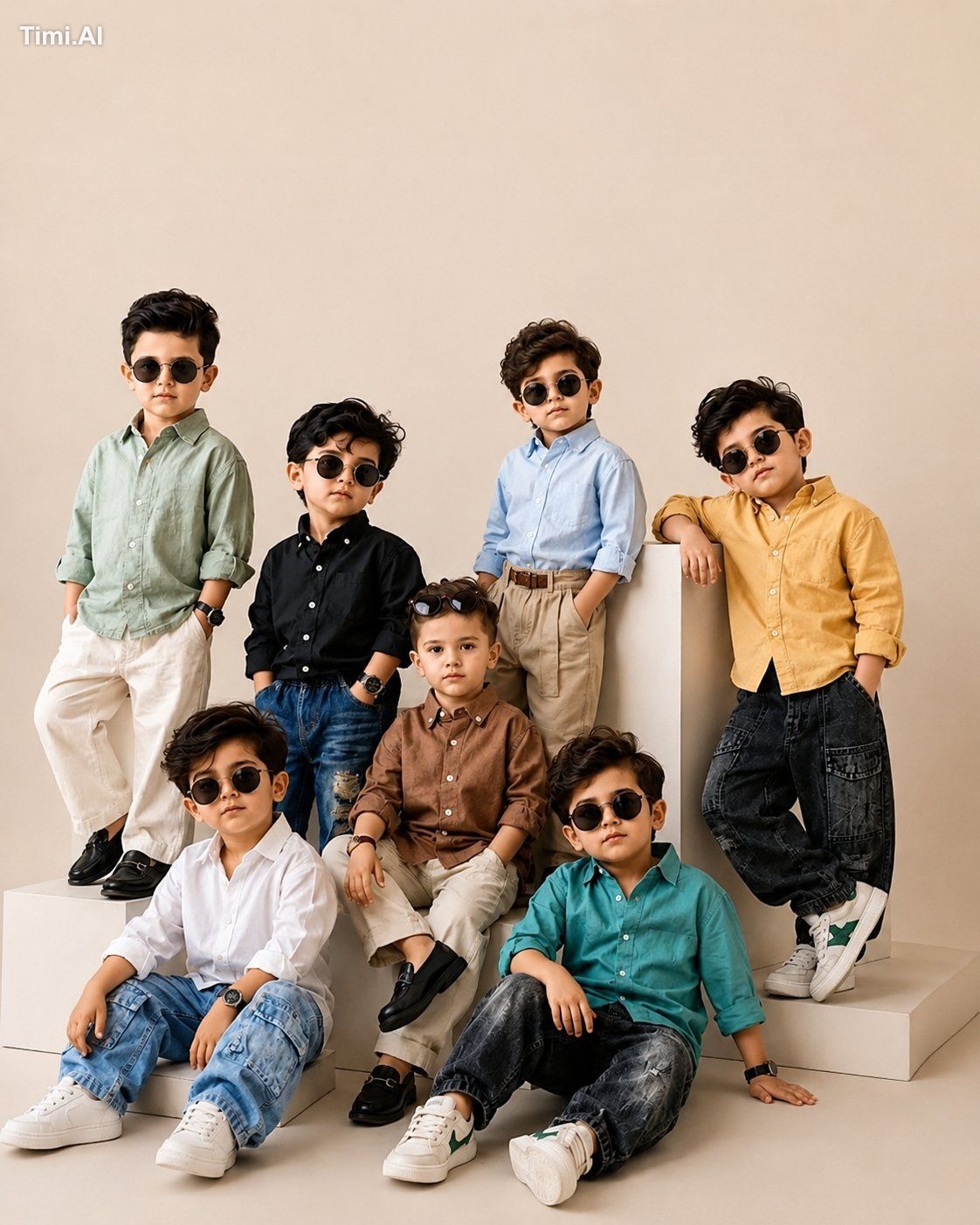 Ultra-realistic premium fashion editorial portrait of six stylish South…