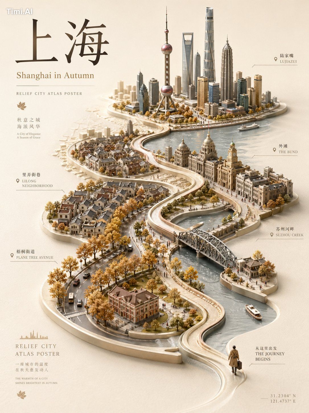 设计一张高级「立体浮雕城市地图海报 / Relief City Atlas Poster」，主题为【城市名称】的【季节主题】。 整体不是普通平… 1
