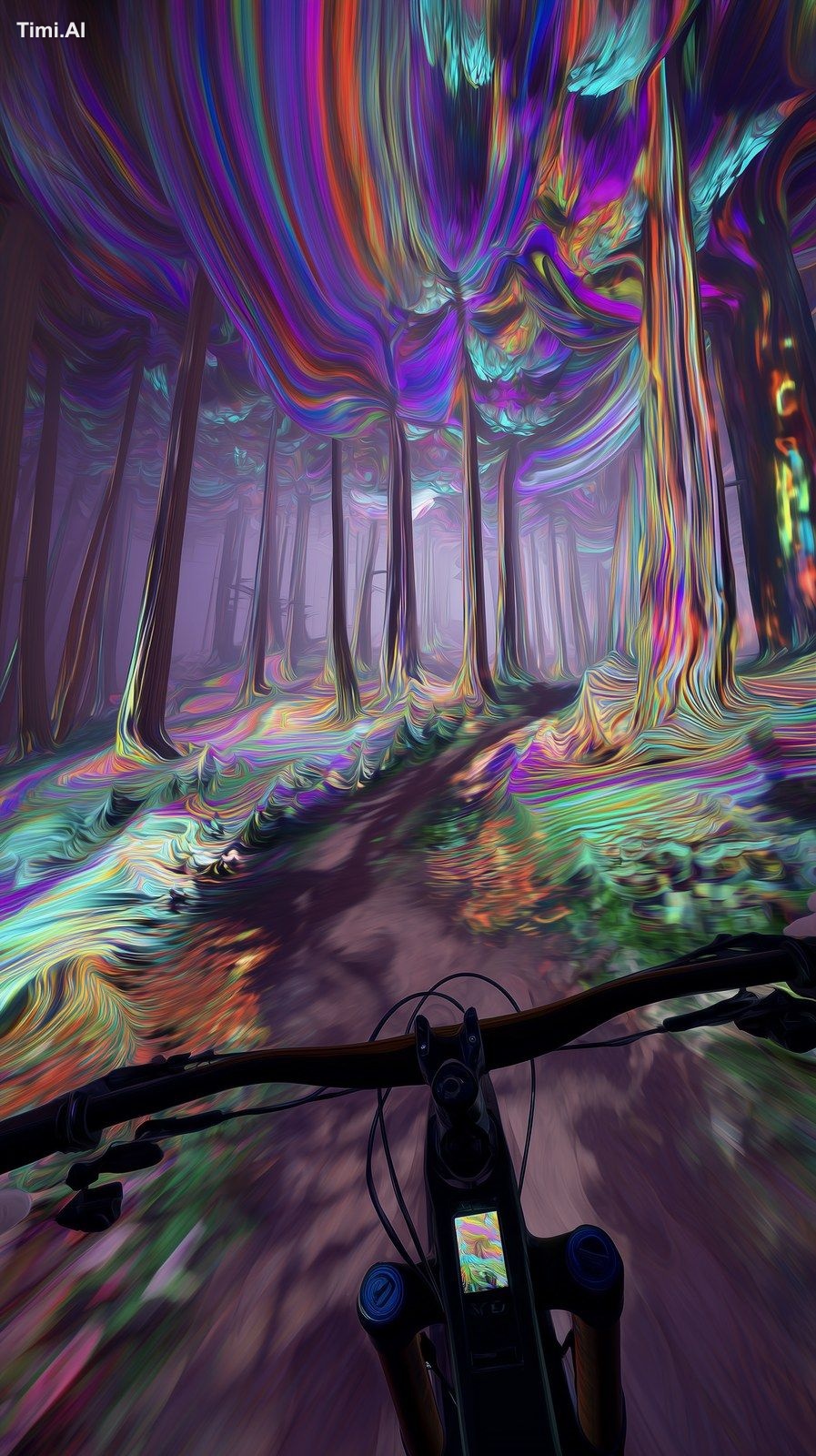 First-person POV of someone riding a mountain bike through a surreal fo…
