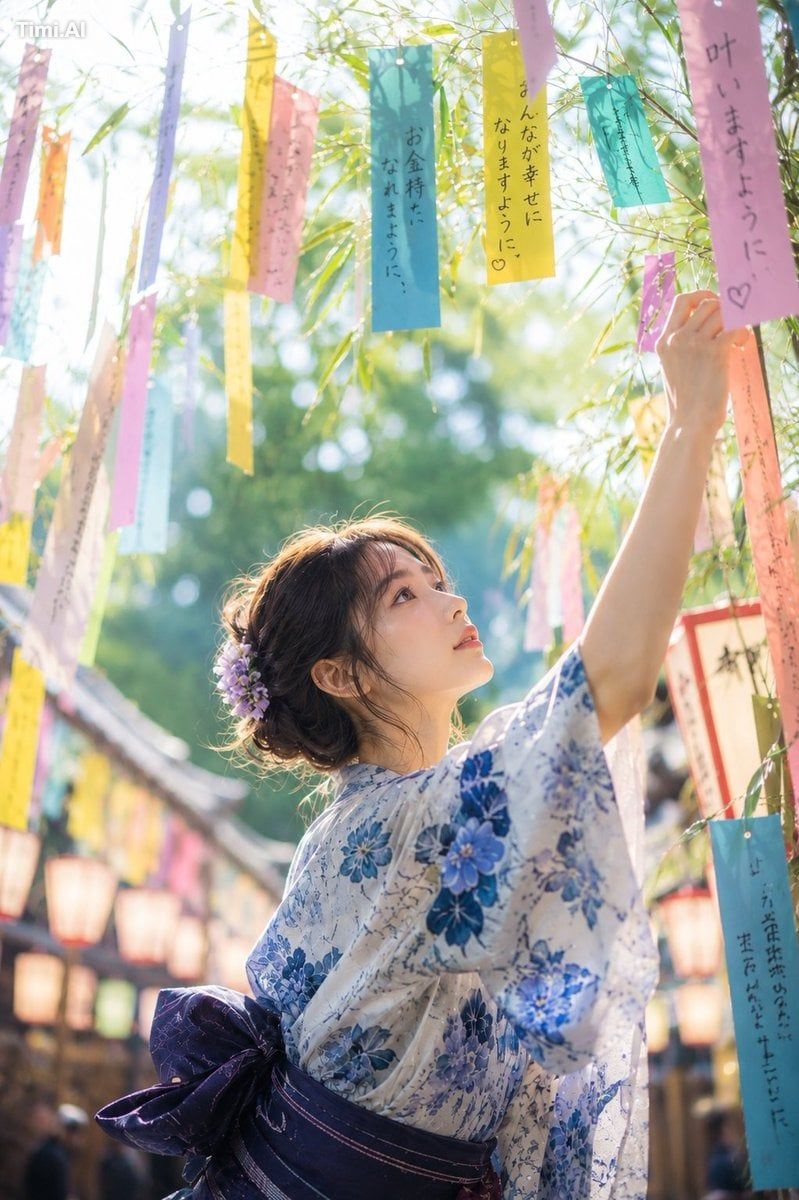 主題： 七夕 人物・表情： 20代女性。やわらかい卵型の顔立ち、透明感のある自然な肌、控えめな日式メイク。暗めのブラウンヘアを低めのゆるいまと…