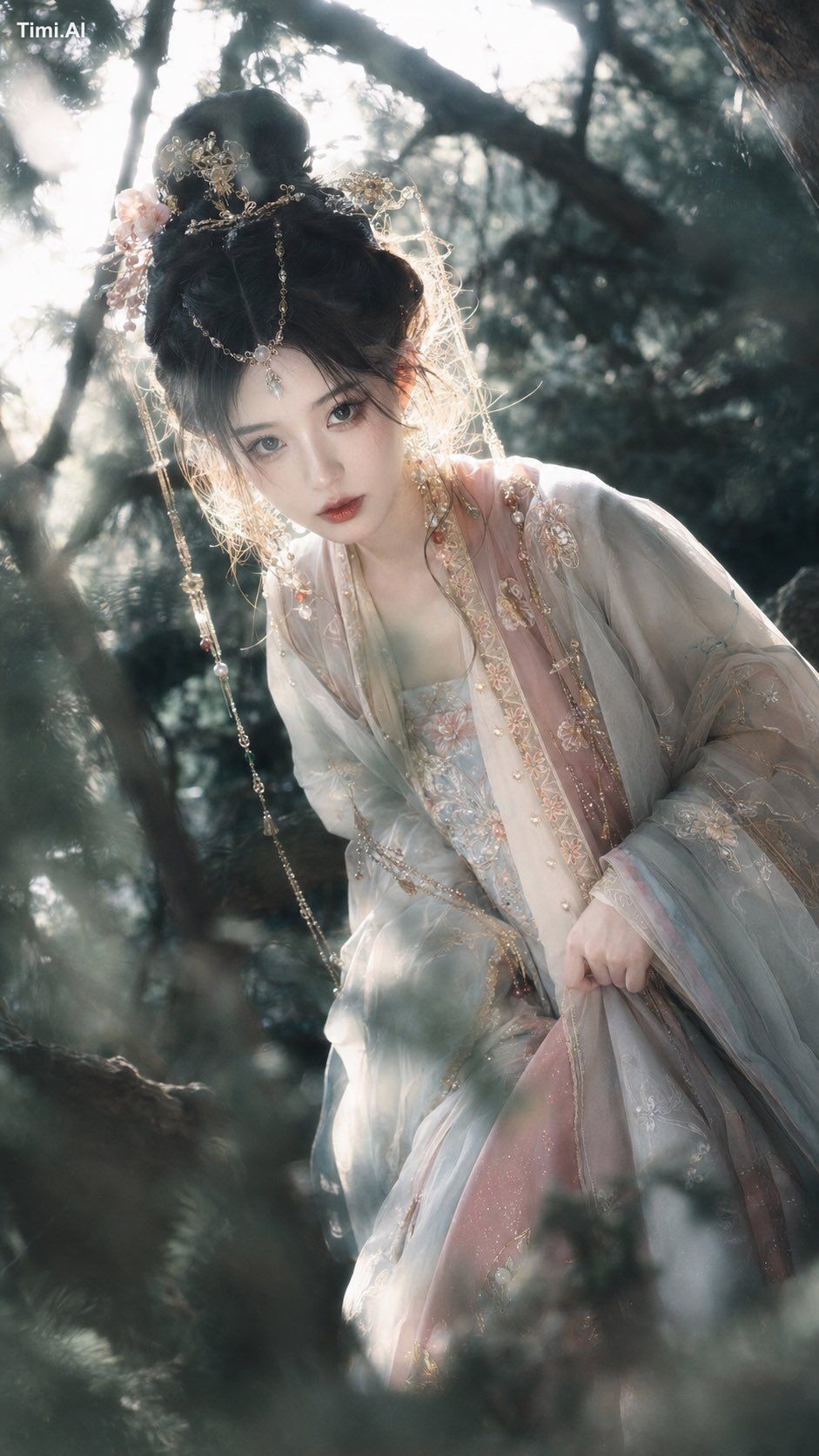 创作一张竖幅 9:16 的古风幻想人像，主题是林间神女。成年东方女性，精致清冷的古典美感，高挽发髻或半挽发，点缀金色发簪、玉石、珠链、少量红粉… 1