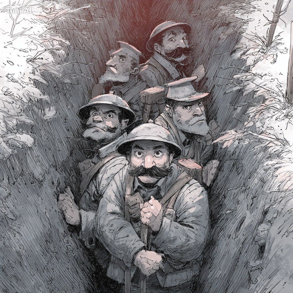 soldiers living in a trench drawn in the style of Dr Seuss, cartoon, gr…