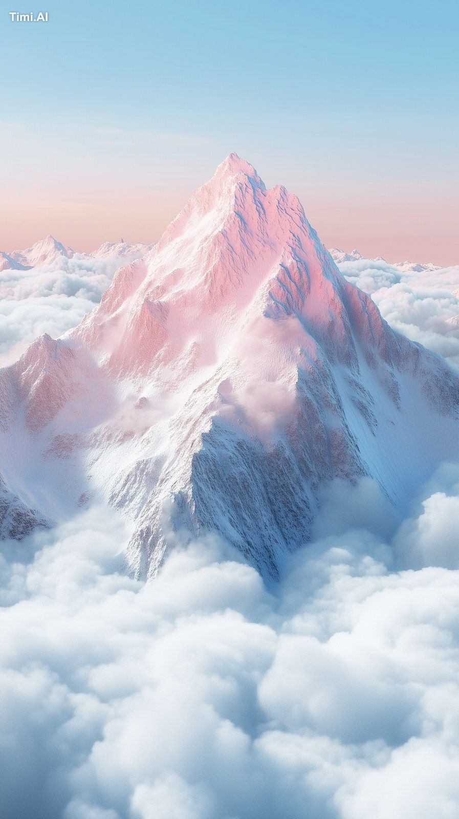 Snowy mountains in fluffy clouds.Pastel colors. Realistic --ar 9:16 --p…